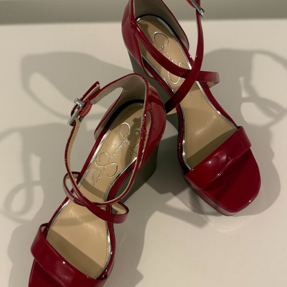 Holiday Red Patent Leather Wedge Sandals Jessica Simpson 7.5 Brand New - Picture 6 of 8